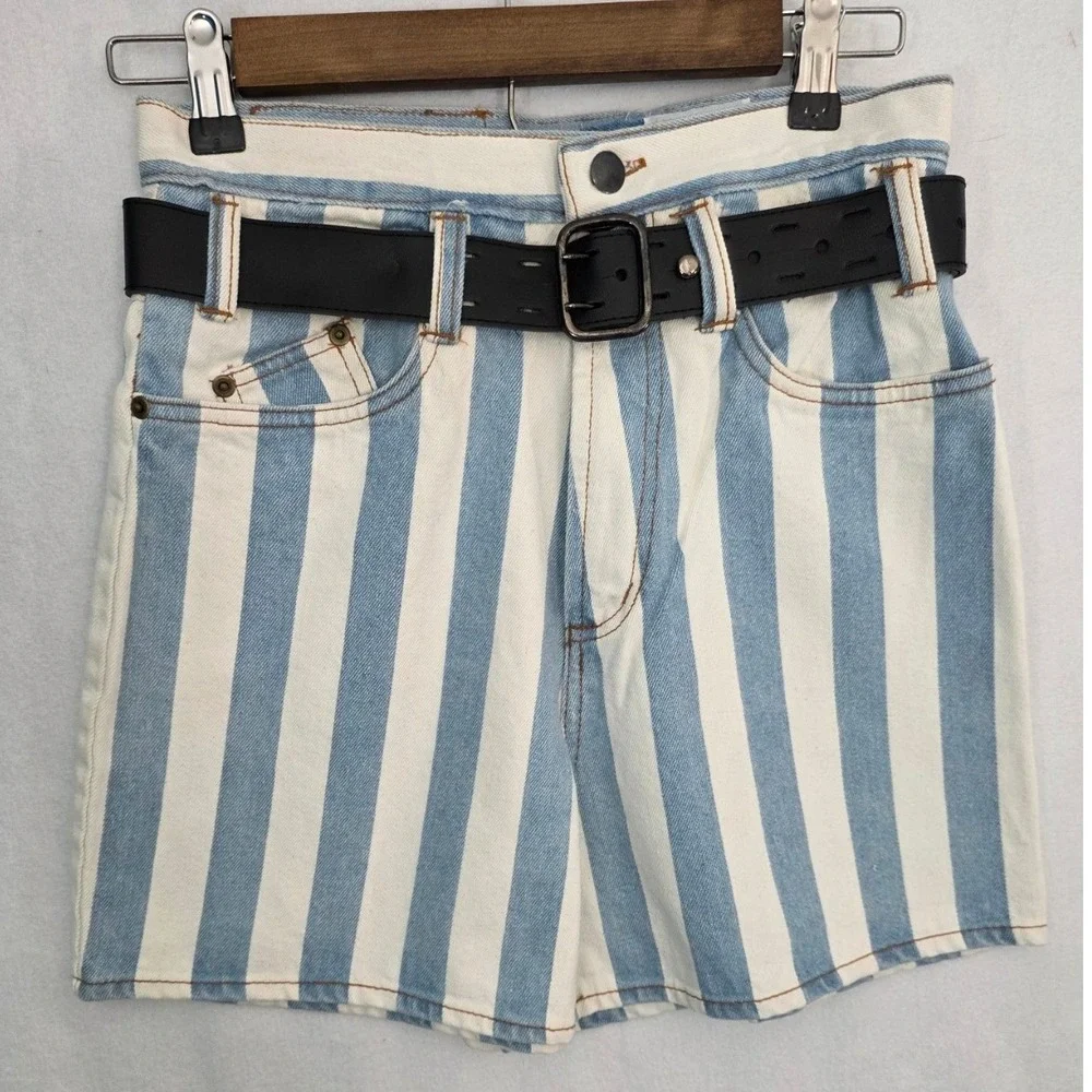 Leta Collections Denim Shorts High Rise Striped 9/10 Blue White 90s Vintage